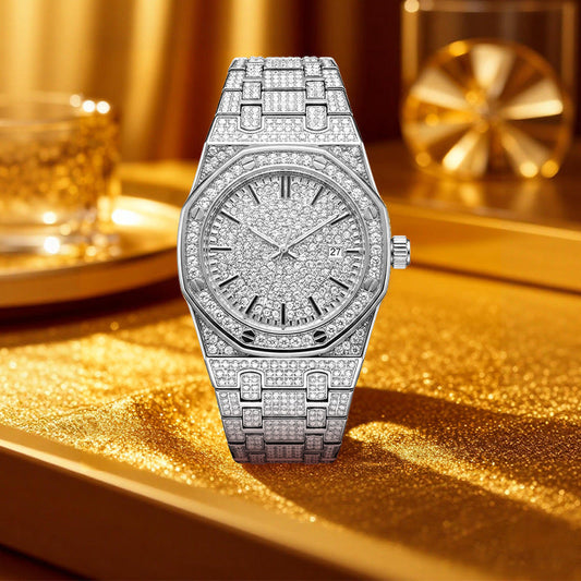 ✨Men's Full Diamond Single Calendar Quartz Watch, Luxury Style